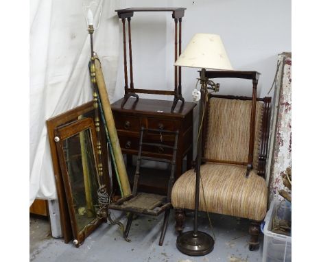 A group of mixed furniture, to include upholstered armchair, folding chair, Victorian mirror, drawer-fitted stand, a standard