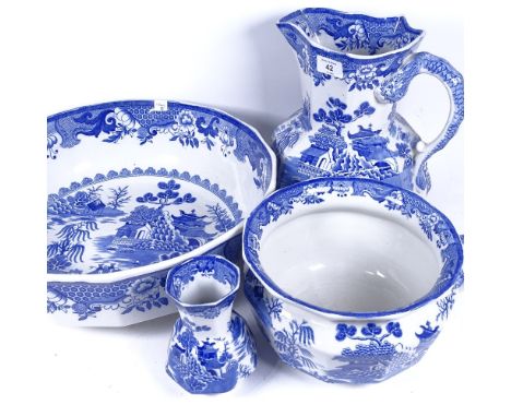 A 19th century Mason's ironstone blue and white wash jug and basin, vase and bowl, jug height 28cm (4) 