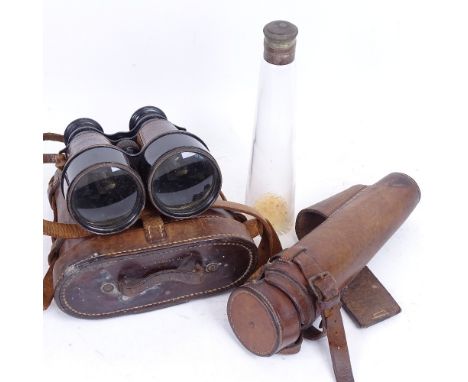 A pair of First World War Period brass and leather-covered field binoculars, by Hezzanith, original leather case, together wi