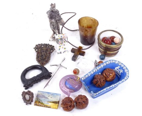 Various interesting collectables, including Roman style polished stone buckle, horn beaker, agate orbs, sterling silver ring,