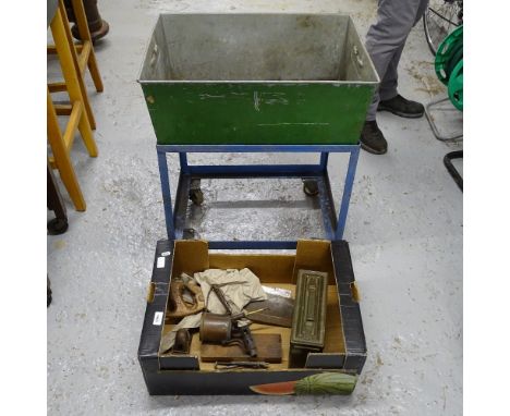 Industrial 2-handled galvanised metal bin on a wheeled stand, various tools 