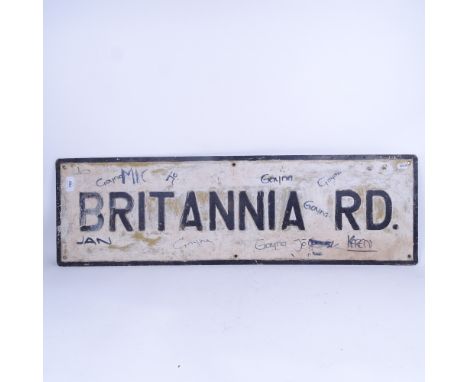 A Vintage pressed and painted Britannia Road street sign, 28cm x 92cm 
