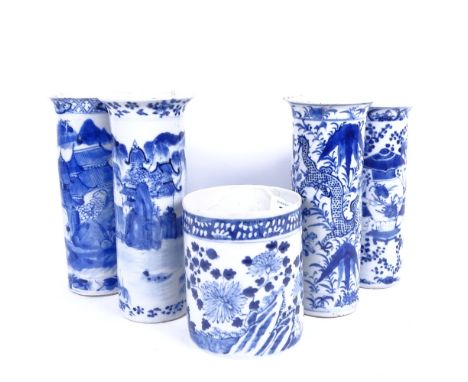 A group of 4 Chinese blue and white ceramic sleeve vases, and a Chinese blue and white brush pot, height 13cm (all damaged) 