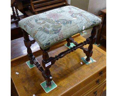 An upholstered stool on turned oak frame, W45cm, H42cm 