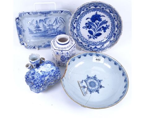 A group of Dutch Delftware, including tea caddy, posy vase, dish etc (5) 