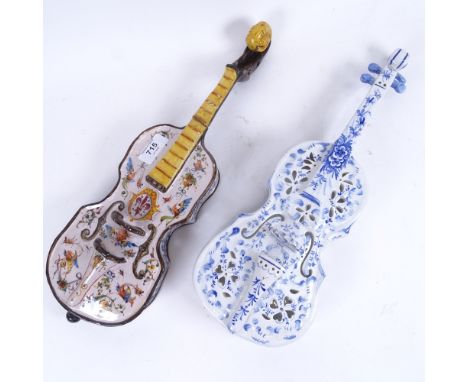 2 ceramic painted violins, length 39cm 