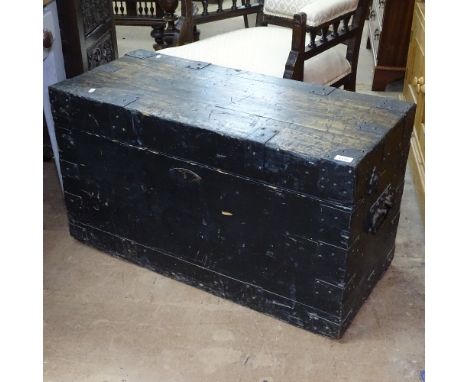 A 19th century stained pine and metal-bound seaman's trunk, W93cm, H52cm, D41cm 