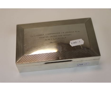 A Fully Hallmarked Sterling Silver Cigarette Box With Engine Turned Decoration Presented To Lieutenant Commander I.B.Lennox O