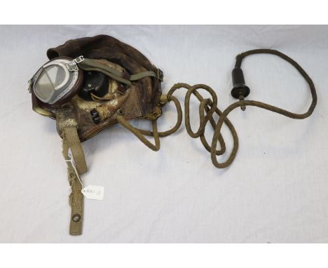 A Royal Air Force / RAF World War Two / WW2 Pilots Leather Flight Helmet With Goggles And Ear Pieces.