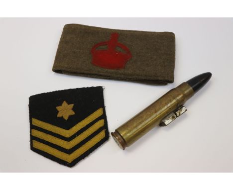 A Small Collection Of World War One &amp; World War Two Military Collectables To Include A WW1 British Army Derby Scheme Armb