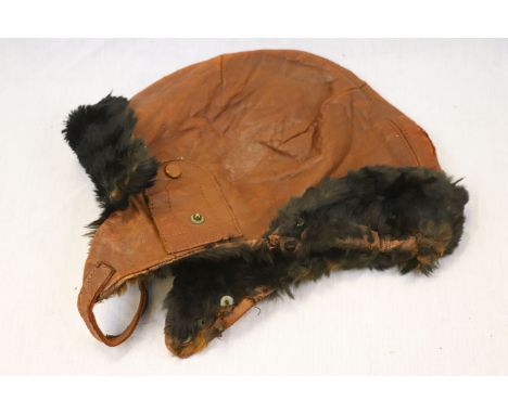 An Early Royal Air Force / RAF Leather Flying Helmet, Fur Lined With Single Leather Chin Strap.