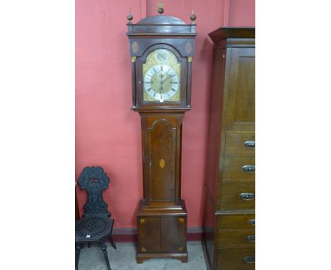 An Edward VII inlaid mahogany longcase clock, with Westminster, St. Michael and Whittington chiming triple weight movement (l