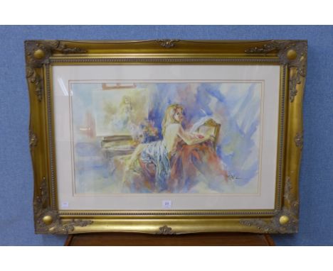 A portrait of a semi-nude female, watercolour, framed