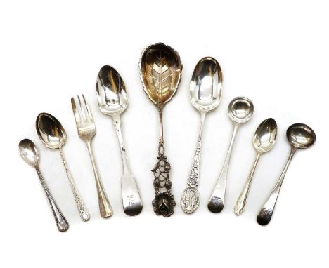 A collection of silver flatware, George IV and later, to include teaspoons, condiment spoons and pickle forks,total 23.7ozt (