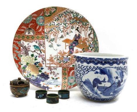 A collection of Chinese and Japanese miscellaneous, 20th century, comprising: a Chinese blue and white jardiniere, decorated 