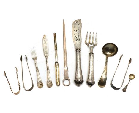 A collection of silver,comprising a George III silver meat skewer, possibly Solomon Hougham, London 1808, 31.5cm long, a Scot