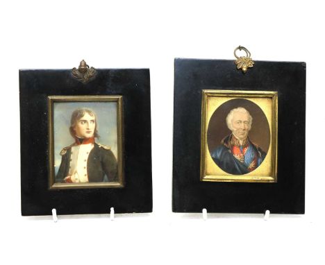 Miniature portrait of Napoleon, signed Cosway, together with another miniature portrait, printed, of Duke of Wellington, 8cm 