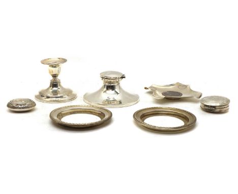 A collection of silver items, to include a capstan inkwell of typical design, by S Blanckensee &amp; Son Ltd, 11cm diameter, 
