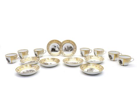 A monochrome and gilt set of cups and saucers, 19th century, with classical landscape and manor house decorated reserves, sev