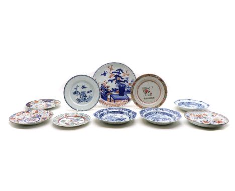 A collection of Chinese export dishes,18th century, comprising: a pair of blue and white soup bowls, of shaped octagonal form