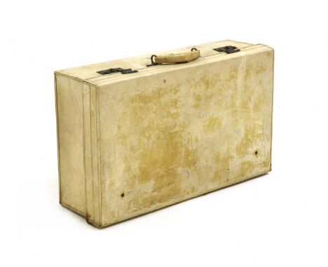 A John Pound &amp; Co velum travel case, brass hardware, internal removable tray, label for John Pound &amp; Co Ltd, London, 