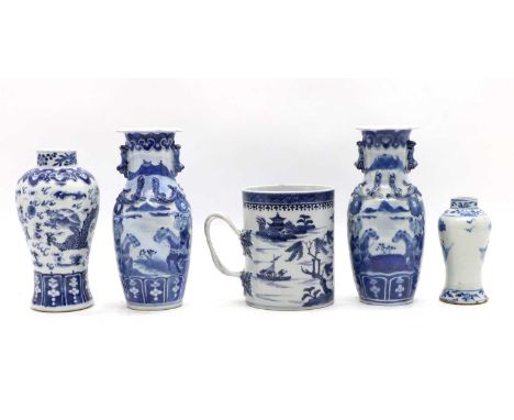 A collection of Chinese blue and white porcelain, 18th-19th century, comprising: a mug, of cylindrical form with a loop handl