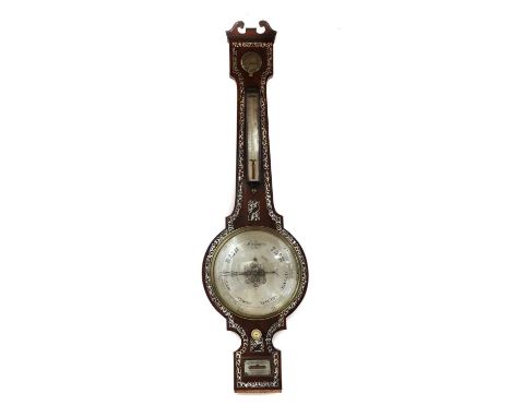 A Victorian rosewood barometer,19th century, the 10" silver dial below a hydrometer and thermometer, the whole inlay with mot