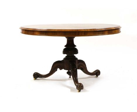 A Victorian inlaid circular breakfast table, 19th century, the figured circular top inset with a foliate decorated bangle, on