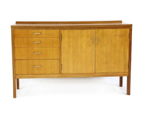 A military teak sideboard, circa 1960s, manufactured by Mann Eagerton, the lefthand side with a bank of four staggered drawer