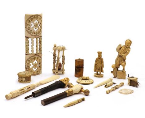 A collection of ivory and bone items18th century and later, to include a turned bone sand time, 8cm high, an ivory whist mark