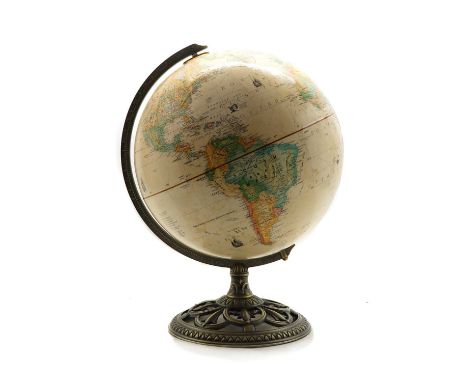 A 12 inch terrestrial globe, 20th century, marked 'Globemaster' on pierced brass base,50cm highCondition report: Minor surfac