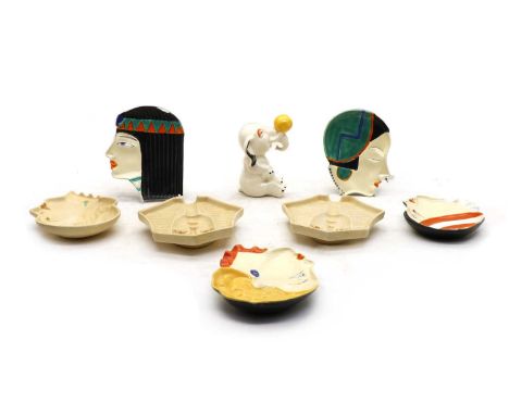 A collection of seven Art Deco Czechoslovakian ashtrays,each modelled as ladies heads, three modelled as Egyptian ladies, pri