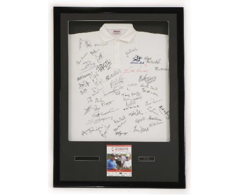 Framed signed golf shirts, including, a Callaway shirt bearing signature Colin Montgomerie, an Ashworth shirt bearing the sig