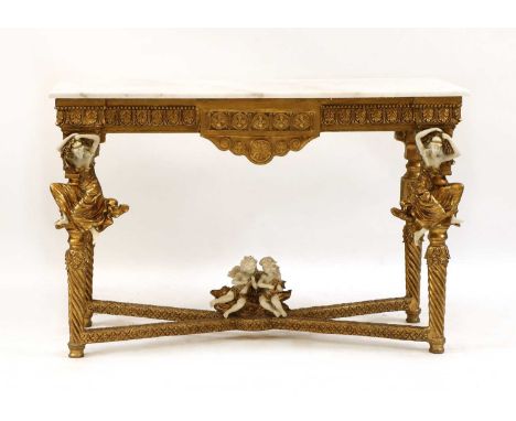 A French design gilt console table, 20th century, the white quartz top above figural decorated base, on stretched spiral twis