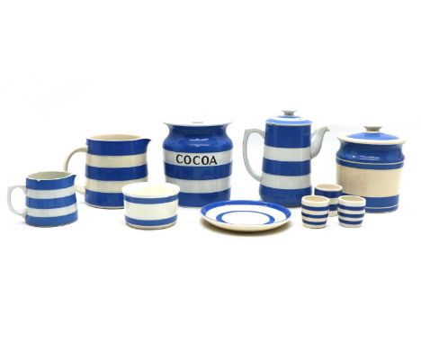 A collection of TG Green Cornishware,in blue and white banded finish, together with pieces by other makers to include a TG Gr