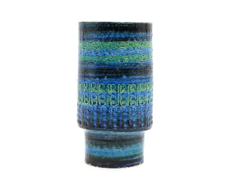 An Italian Rimini Blu Bitossi stoneware vase,1970s, designed by Aldo Londi, of cylindrical form, tapering onto a cylindrical 