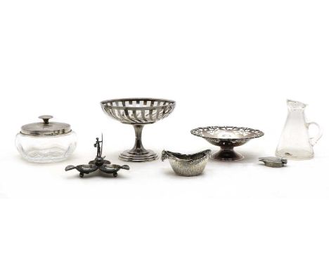 A collection of silver items, to include a pierced pedestal dish, by A &amp; J Zimmerman Ltd, Birmingham 1908,10cm high, a si