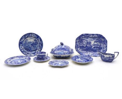 A large collection of Copeland Spode blue and white Italian, 20th century, comprising eight dinner plates, 27cm diameter, thi