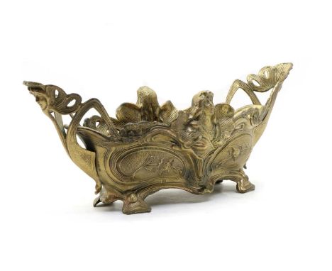 A French art nouveau style planter, 20th century, cast in brass, the two flared handles flanking the main body decorated in s