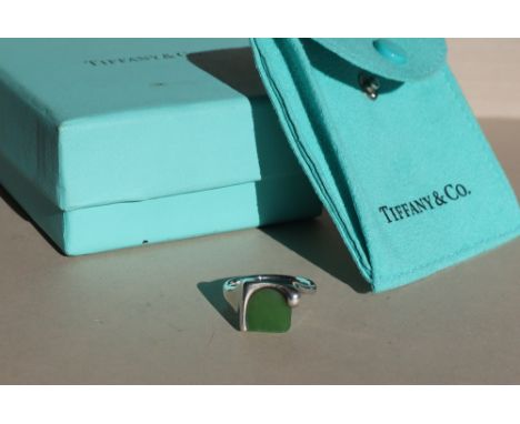 A Tiffany &amp; Co silver and jade panel ring, by Elsa Peretti, of square form, size O, approximately 4.5 grams in pouch and 