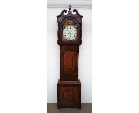 A 19th century oak and mahogany longcase clock, the hood with swan neck pediment and brass finial, ring turned columns, a sho