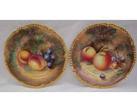 A Royal Worcester bone china plate, painted with peaches and grapes signed J Cook, 15cm diameter together with another simila
