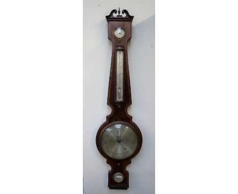 A 19th century mahogany banjo barometer, with a broken swan neck pediment, hydrometer dial, alcohol thermometer, with a silve