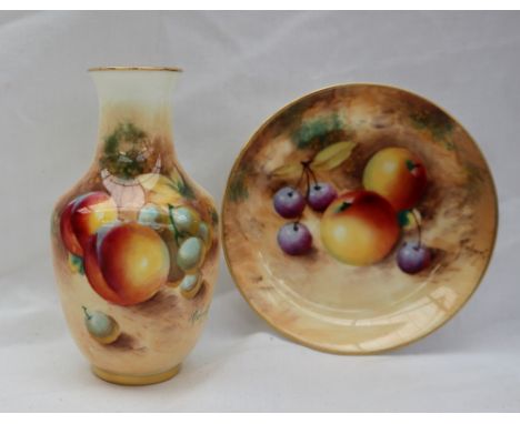 A Royal Worcester bone china baluster vase painted with peaches and grapes, signed Roberts, black printed mark, 11.5cm high t