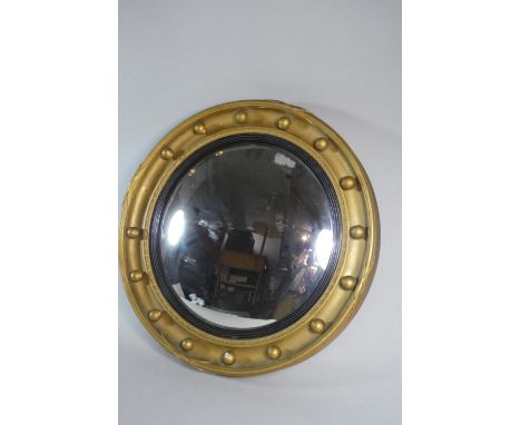 A Vintage Circular Gilt Framed Convex Wall Mirror, 42cm Diameter (Missing One Ball) 