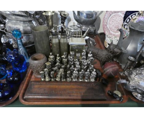 A Tray Containing Vintage Cribbage Board, Collection of Gilt Metal Chess Pieces (Some AF), Three Brass Shell Cases, Cast Iron