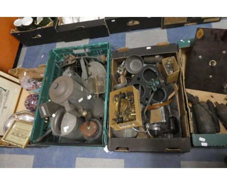 Two Boxes of Metalwares to Include Vintage Tins, Kettle, Percolator, Tantalus Stand etc 