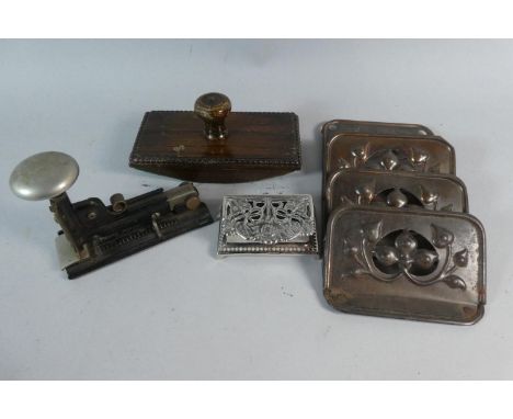 A Collection of Vintage Desk Top Ephemera to Include Three Section Wall Hanging Stationery Rack, Oak Blotter, Vintage Stapler