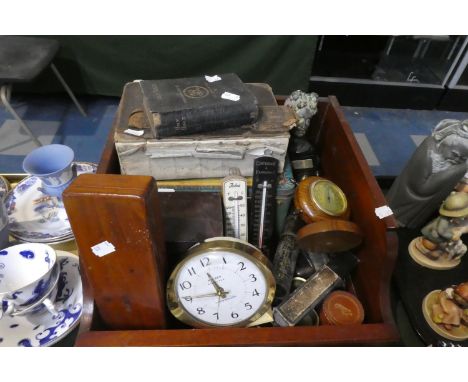 A Wooden Mahogany Linen Slide Containing Various Vintage Sundries to Include Thermometers, Alarm Clock, Wooden Box, Barometer