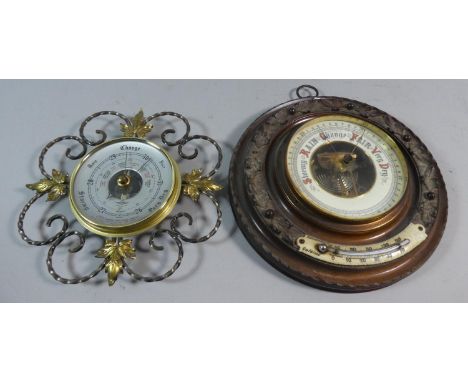 An Edwardian Circular Carved Mahogany Aneroid Wall Barometer, 23cm Diameter and a Gilt Metal Framed Example from the Mid 20th